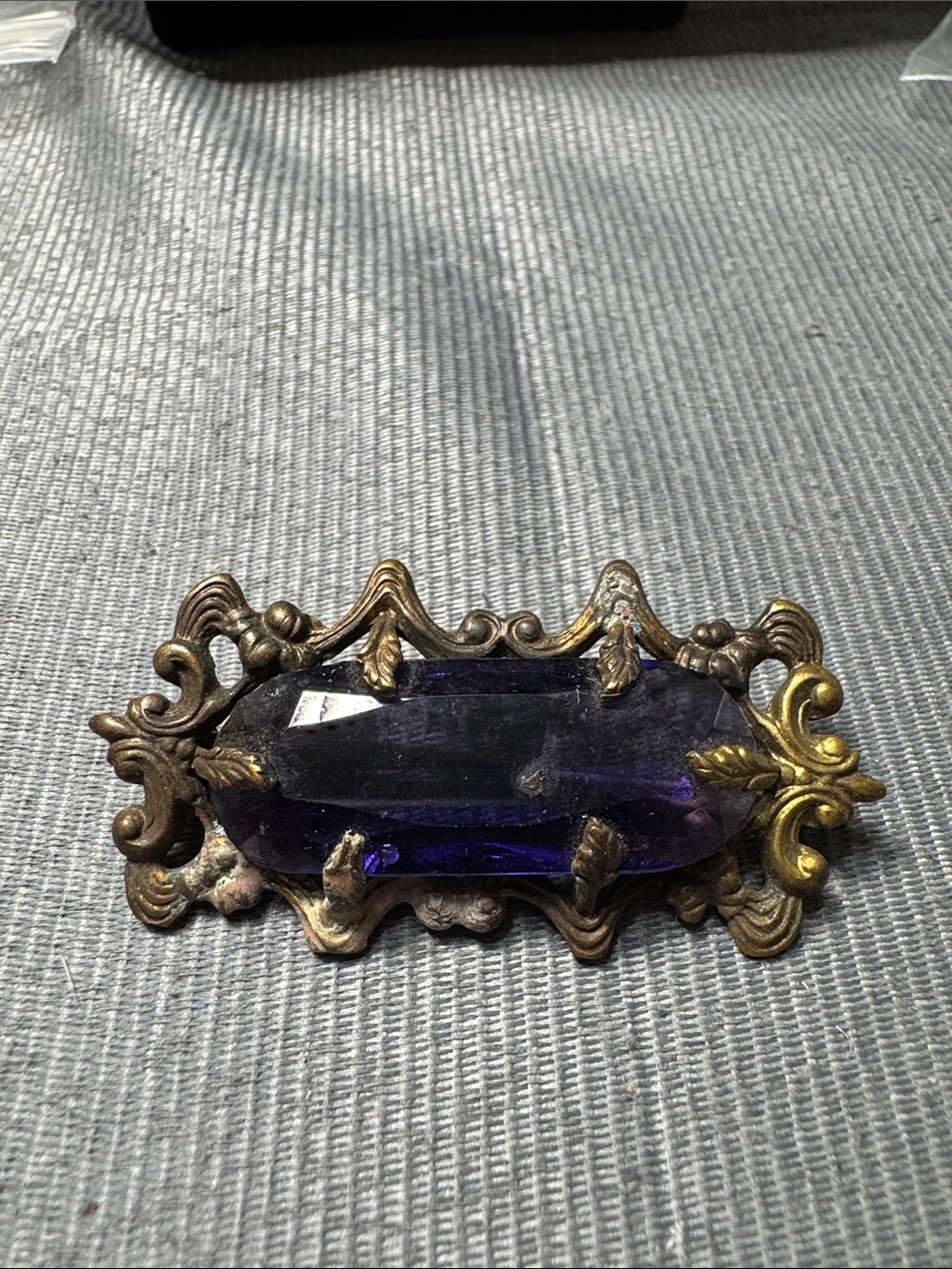 Antique Source Unknown Purple Glass & Gold-Tone Ornate Brooch